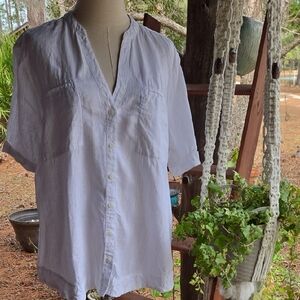 Chico's White Short Sleeve Linen Button Up With Muted Gold Threading Size XL